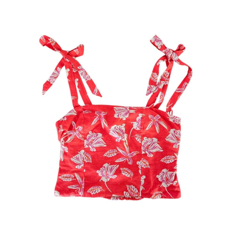 Joie Linen Blend Crop Tank Top Woman’s 8 Red Floral Tie Shoulder Resort Vacation